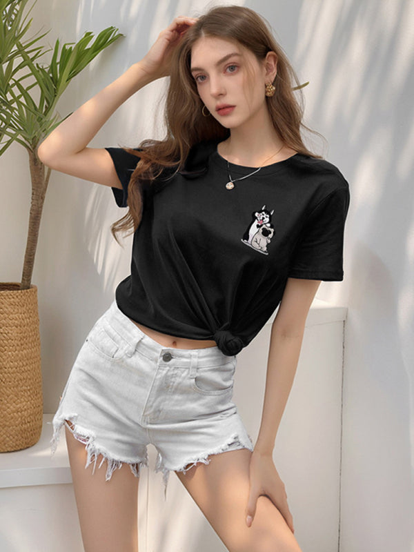 Loose round neck cute dog cartoon print T-shirt