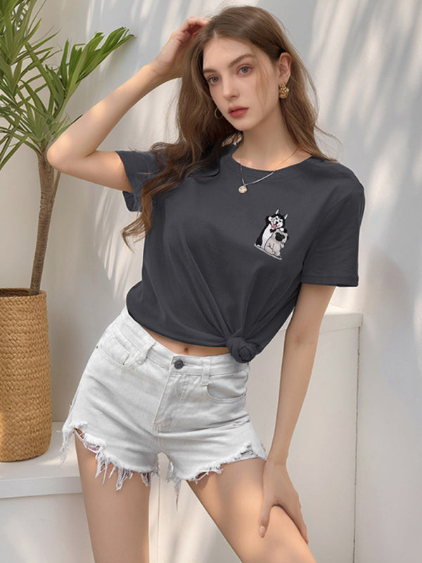 Loose round neck cute dog cartoon print T-shirt