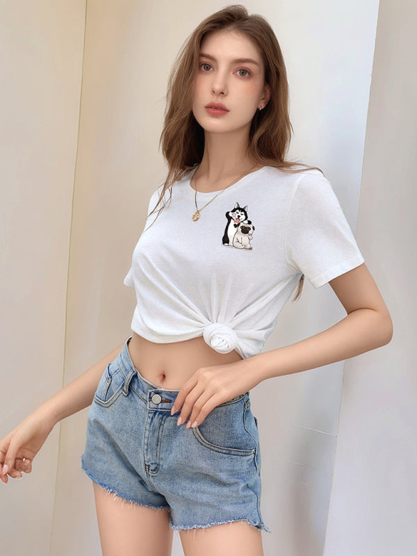 Loose round neck cute dog cartoon print T-shirt