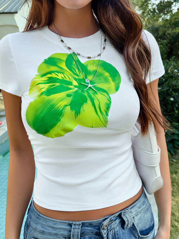 Women's casual slim waist flower print short sleeve T-shirt