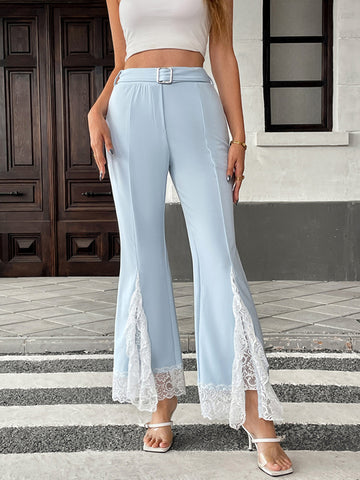 Casual and elegant with belt high waist lace solid color flared pants