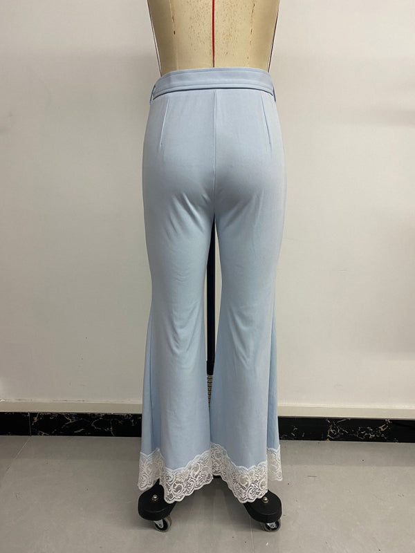 Casual and elegant with belt high waist lace solid color flared pants