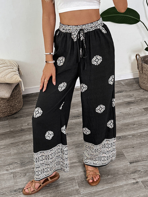 Ethnic style printed elastic waist drawstring casual comfortable straight pants